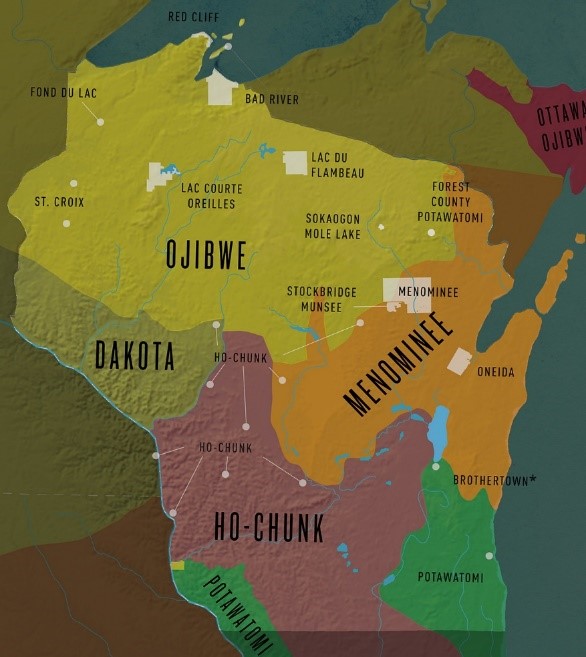 Map of Wisconsin showing historical tribal lands along with present-day Native nations