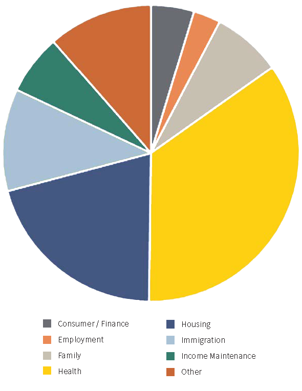 Pie graph in which the largest slice takes approximately 1/3 of the circle and is labeled with the category of Health; a slice occupying approximately 1/5 of the circle is labeled with the category of Housing; and six smaller slices are associated with the following categories, in order from largest to smallest: Immigration, Other, Family, Income maintenance, Consumer/finance, and Employment